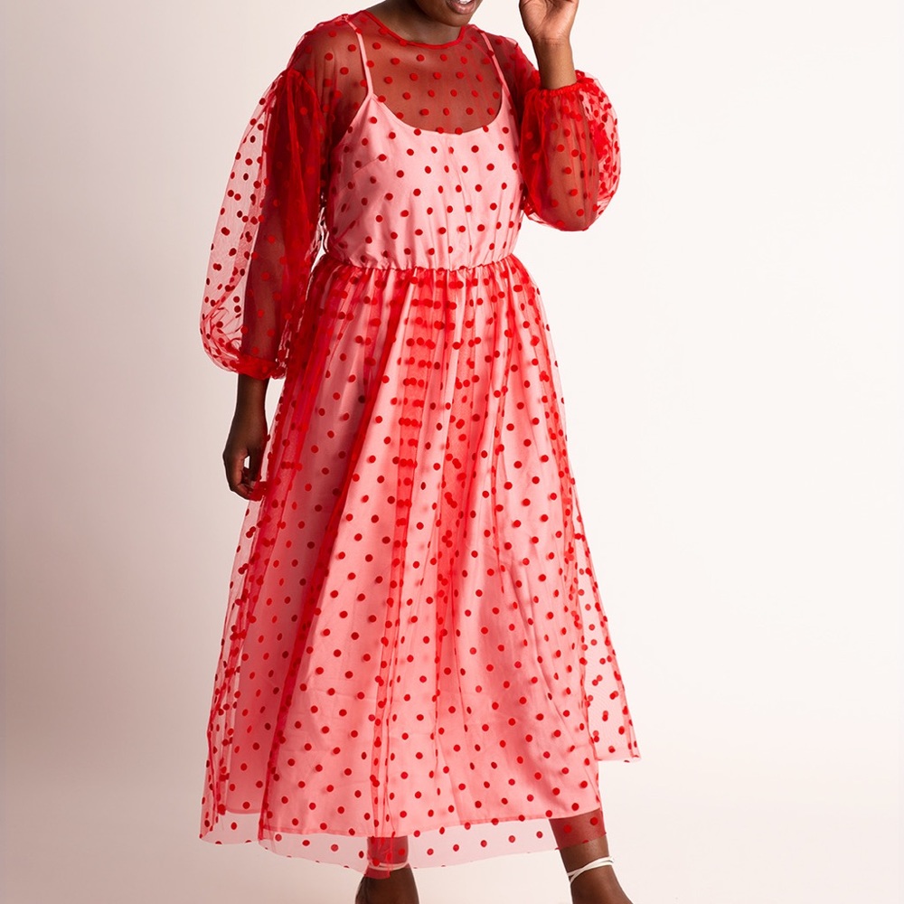 Eloquii Red/Pink Sheer Dot Maxi With Puff Sleeves | Size 24 NWT